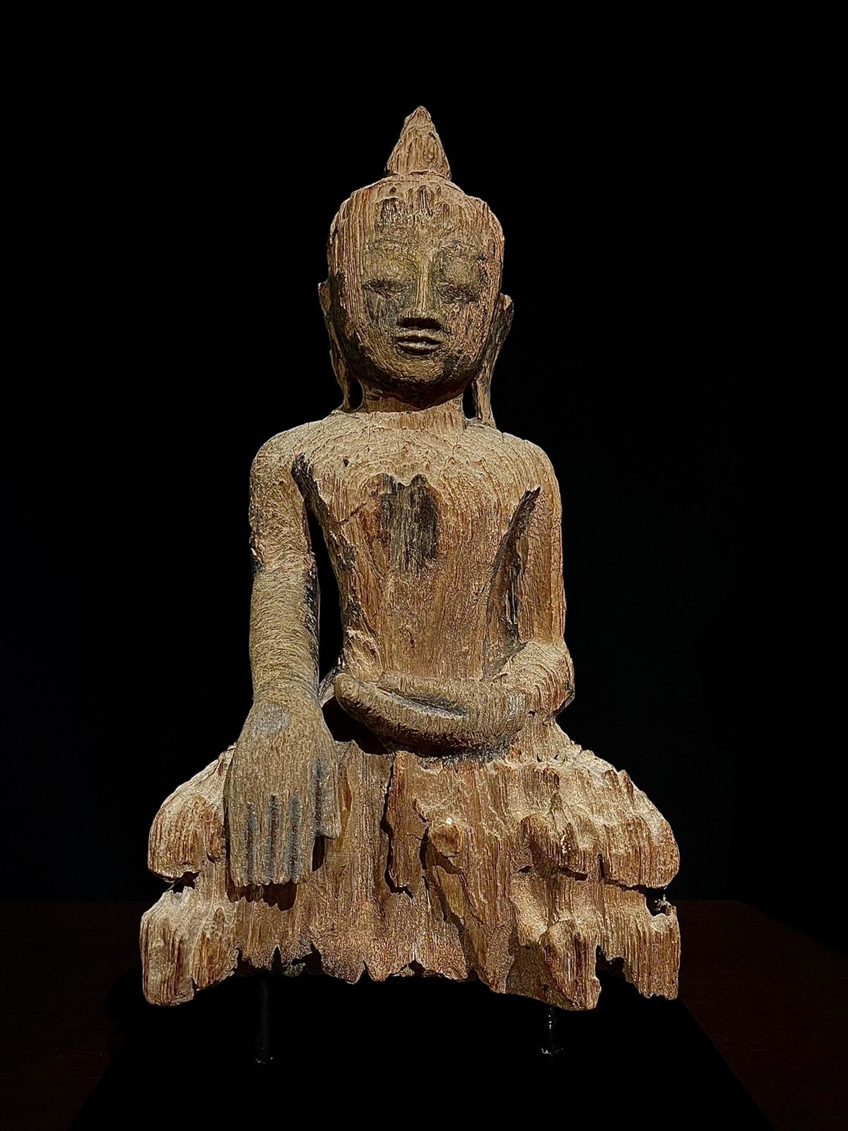 Raw teakwood seated Buddha in Bhumisparsha mudra-7220